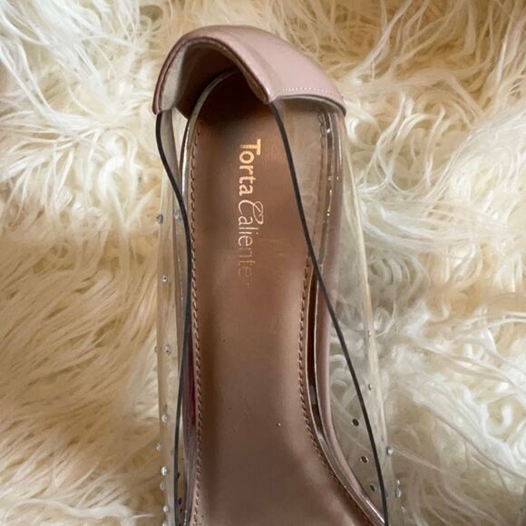 NUDE & CLEAR HEELS IN SIZE 9 1/2 BY TORTA CALIENTE WITH JEWELS ON UPPER - Picture 5 of 12